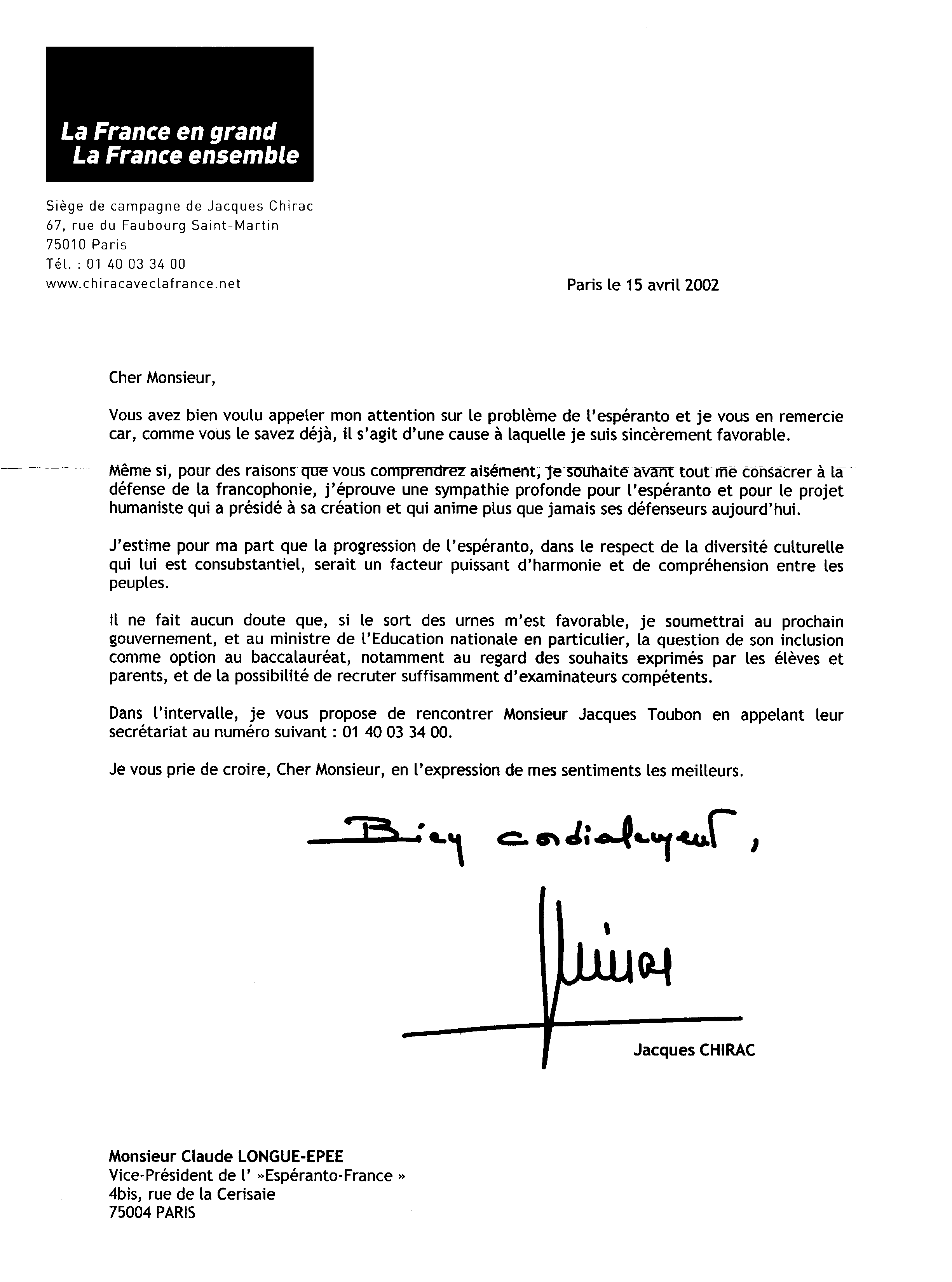 Lettre de Jacques Chirac