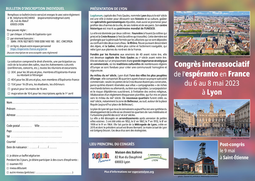 Bulletin d'adhésion au congrès de l'espéranto en France-2023
